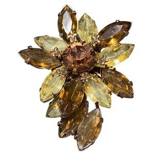 Brooch Floral Women Vintage Glass Brown Tan Gold Jewelry Pin